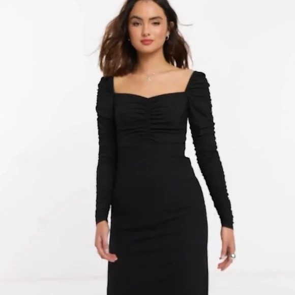 NWT Topshop Black Ribbed Ruched Long Sleeve Midi Dress. Size US 2. Stretchy! - Picture 4 of 15